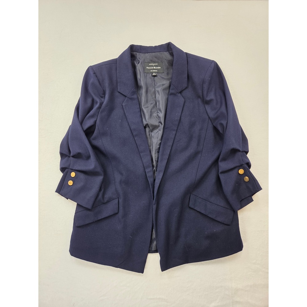 Haute Monde Navy Blue Blazer Ruched 3/4 Sleeves Gold Buttons Wm Sz Medium Office